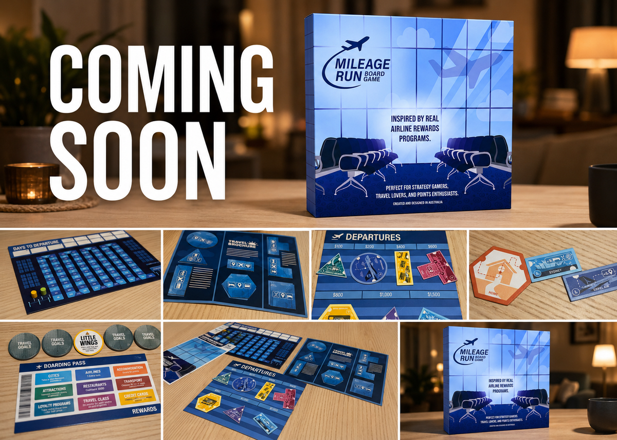 Mileage Run board game — the box shown with the Days to Departure scoreboard, Departure Board, Travel Brochure, Boarding Pass, Travel Goals and travel item tiles