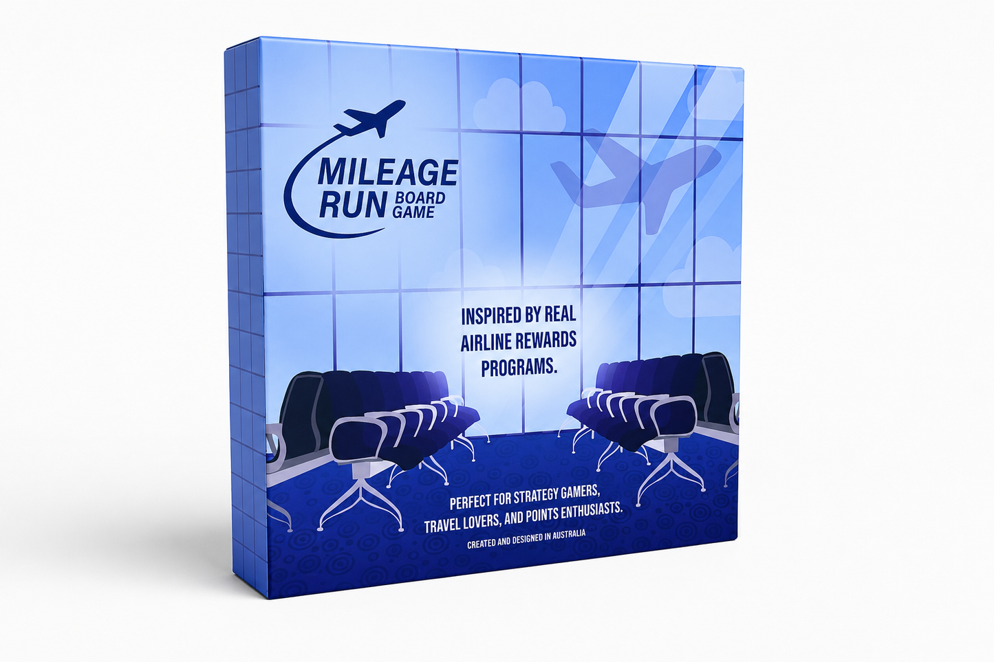 Mileage Run Board Game box shown in an airport departure lounge, with a plane taking off outside the window