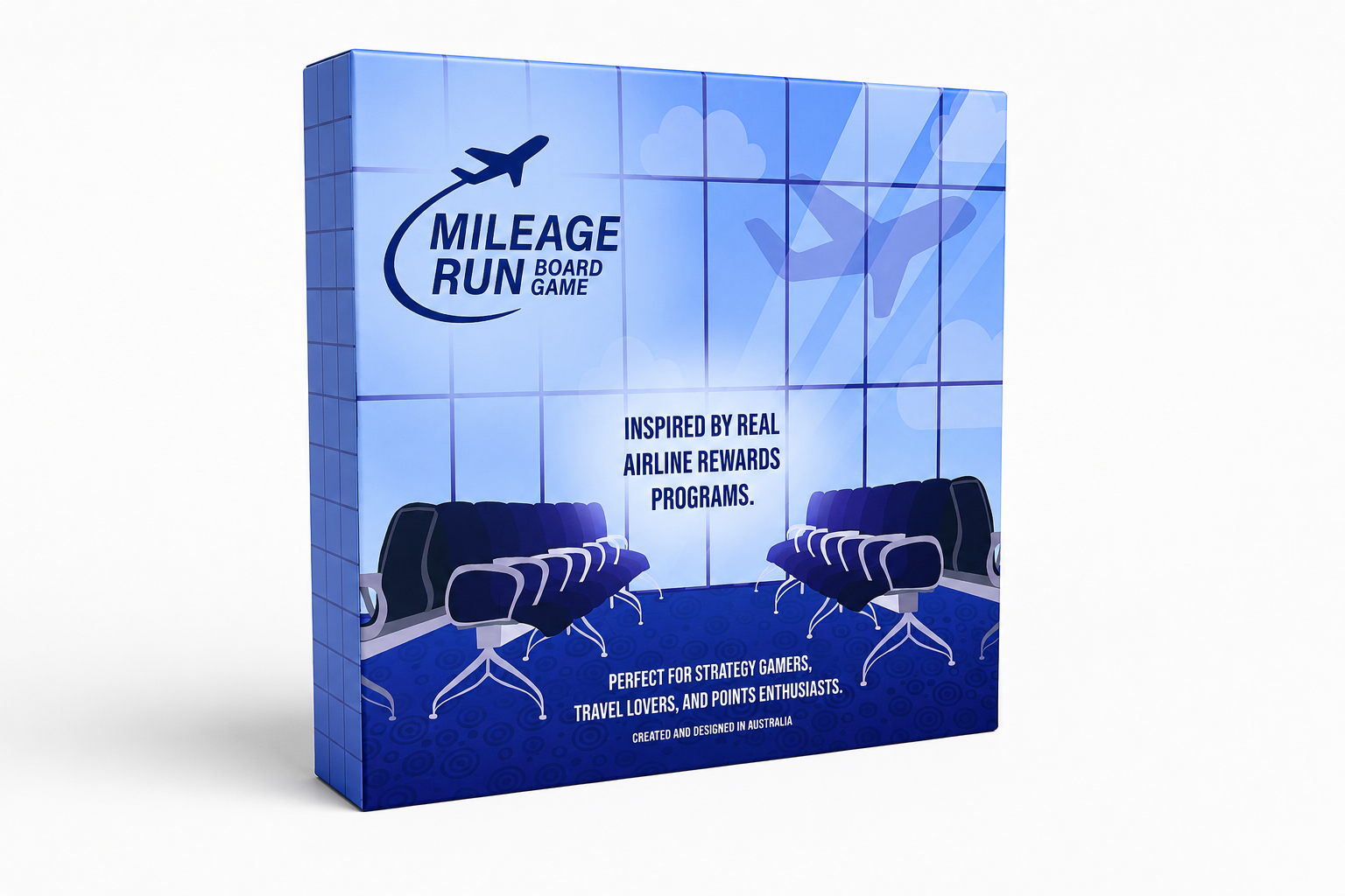 Mileage Run Board Game box shown in an airport departure lounge, with a plane taking off outside the window